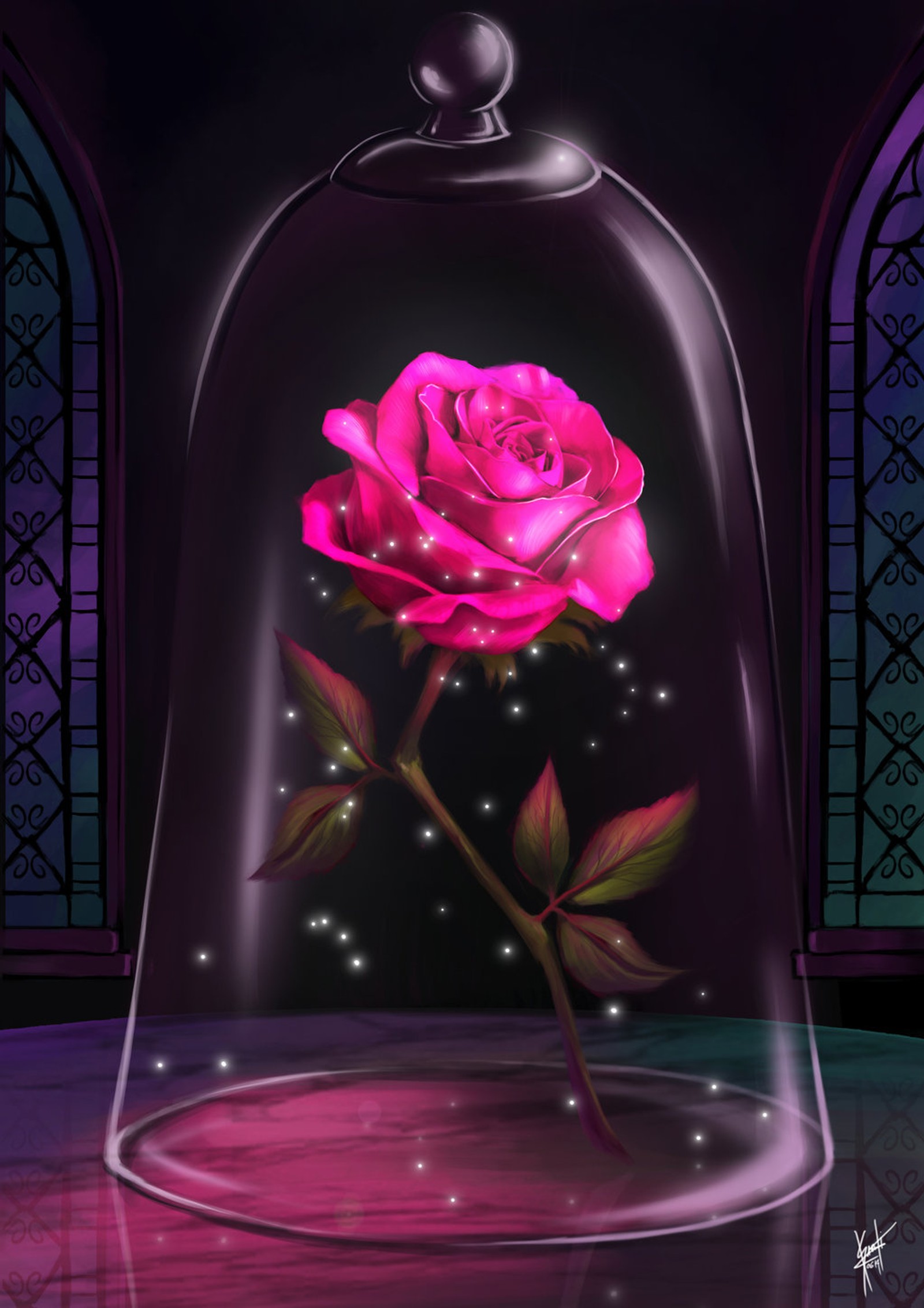 A close up of a rose in a glass dome on a table (beauty, pink, rose)