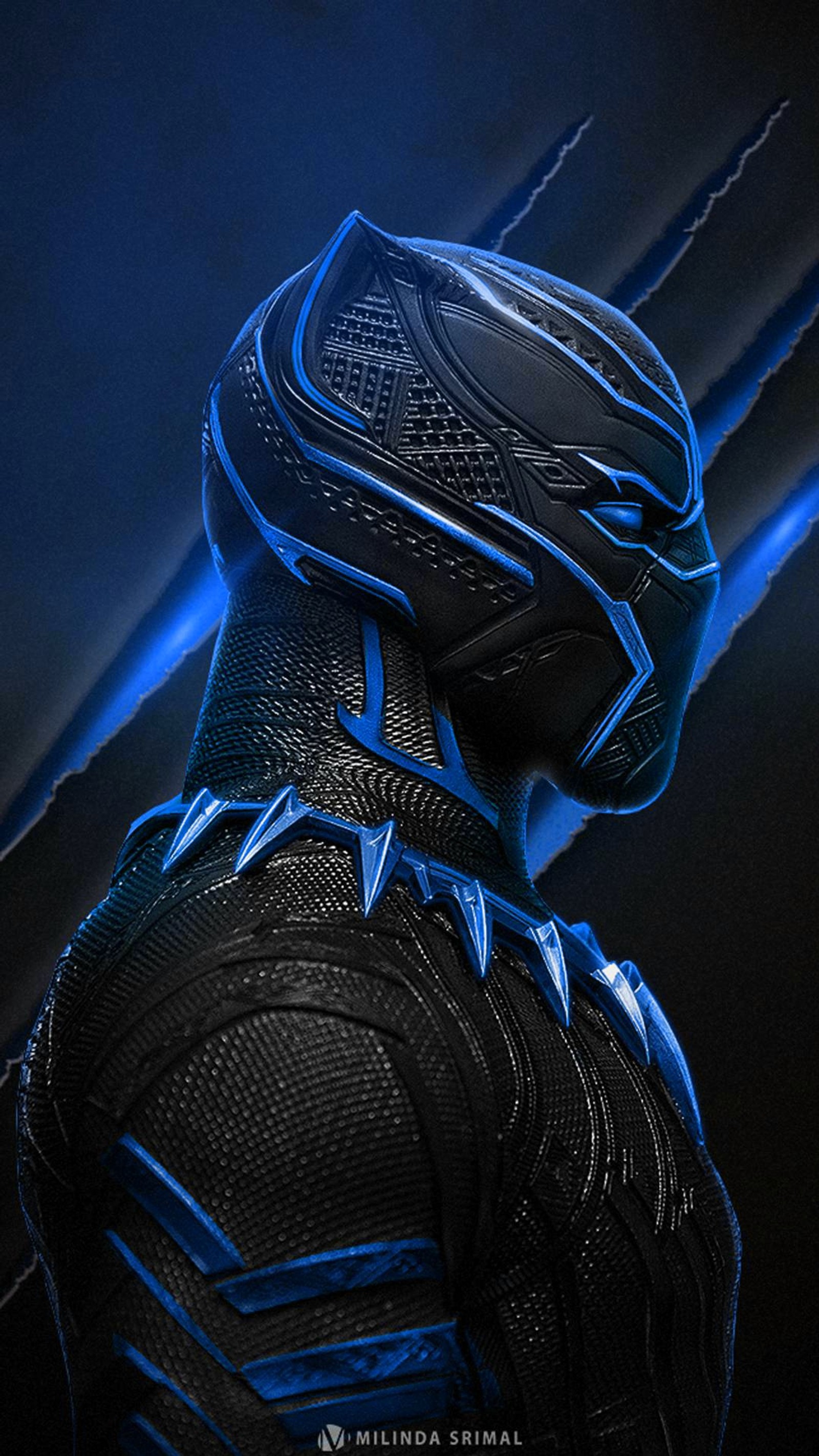 A close up of a person in a black panther costume (blue, cool, hero, superhero)