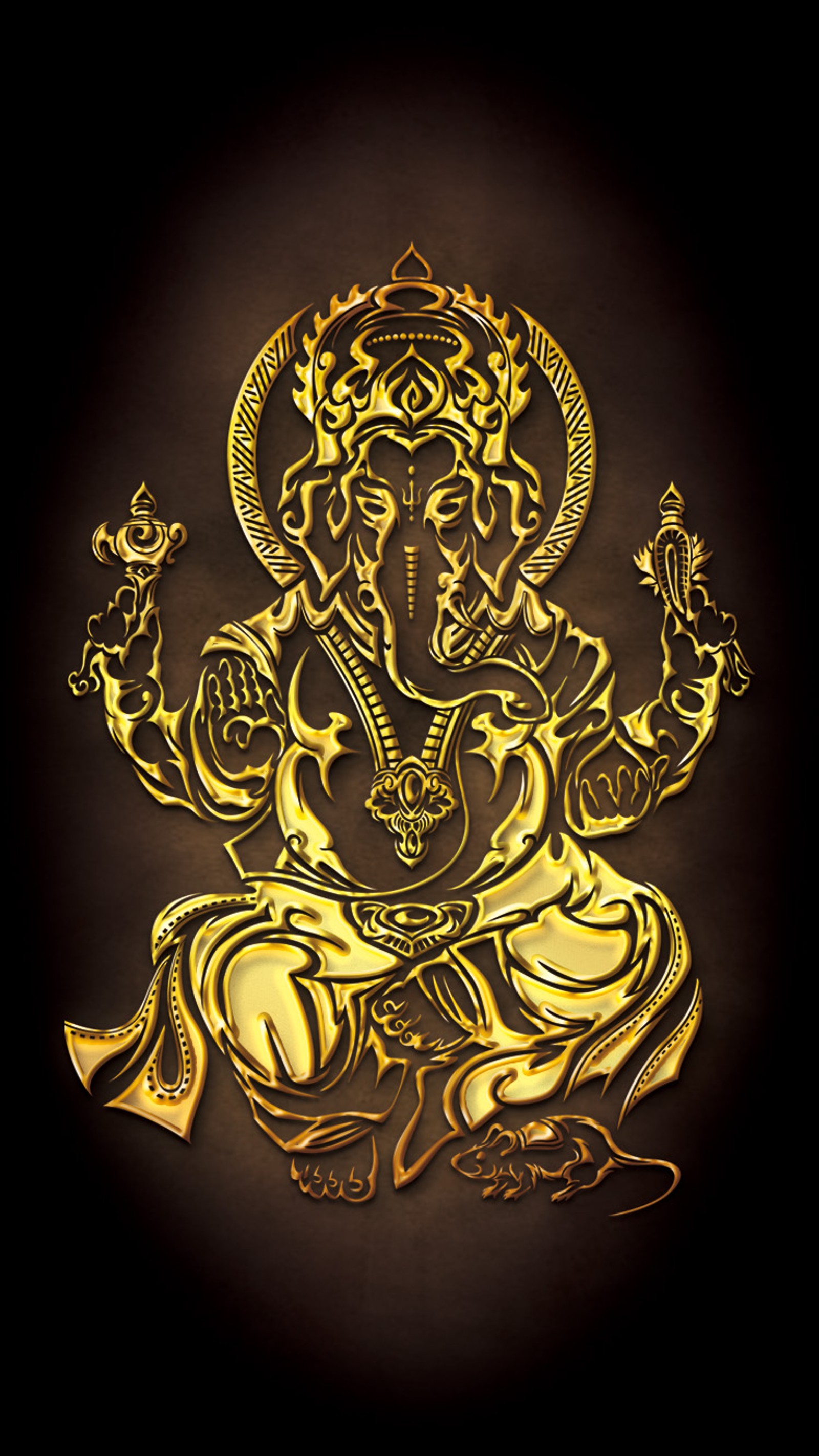 A close up of a gold statue of a person on a black background (ganesh, hindu, tattoo, tribal)