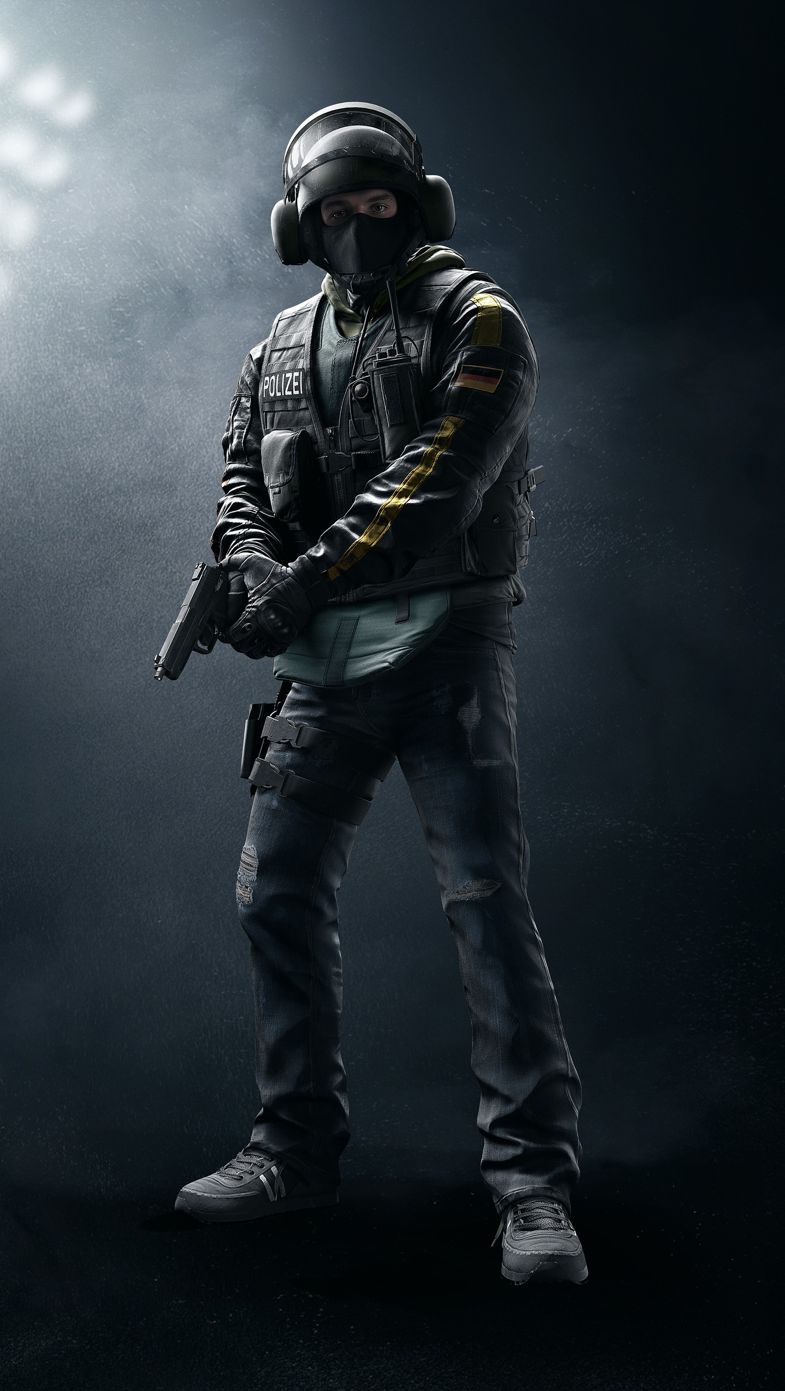 Hombre estilizado con máscara de gas sosteniendo un arma (rainbowsixsiege, tom clancy)