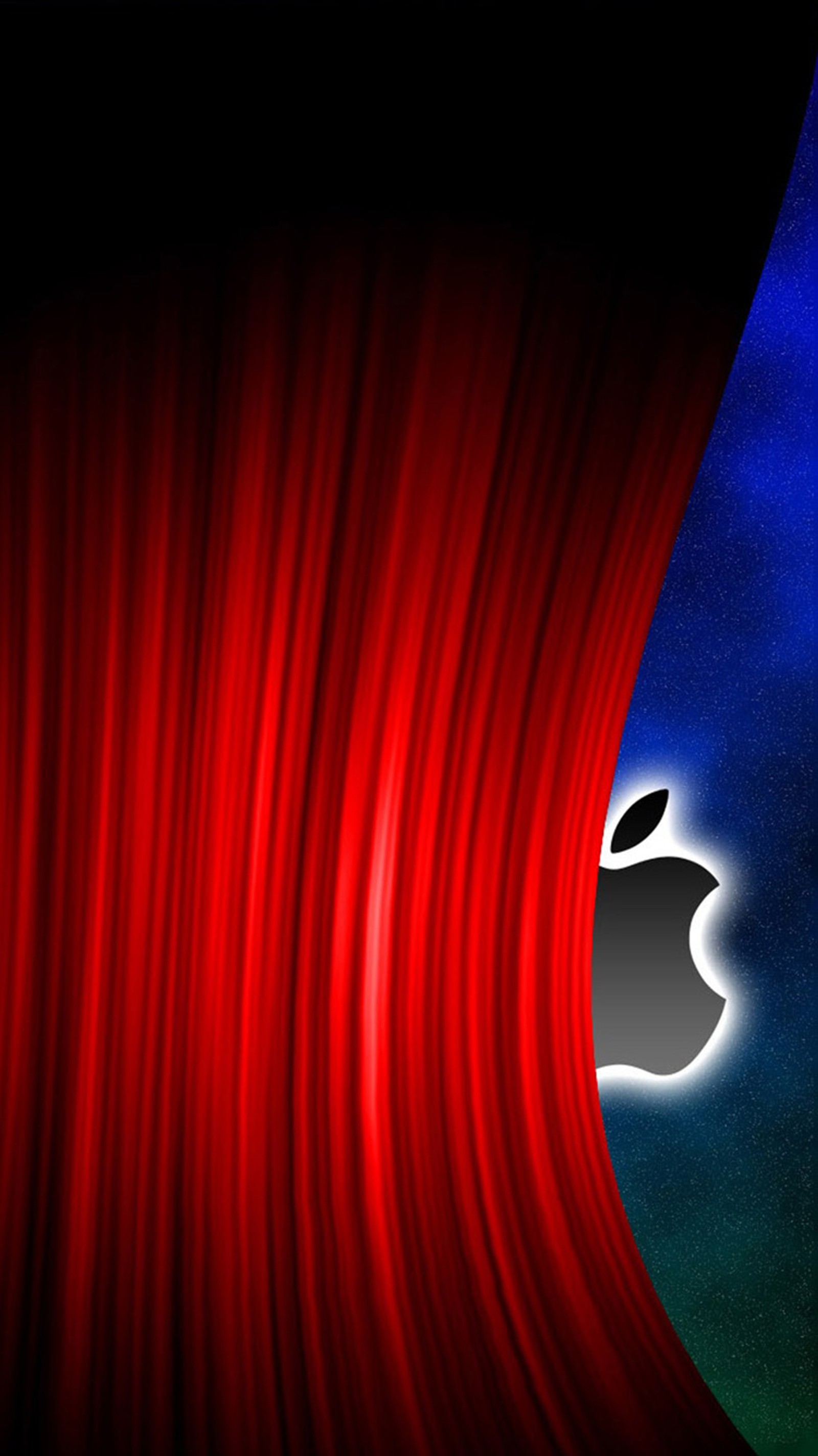 Apple-logo auf einem roten vorhang mit blauem hintergrund (hinter, bildschirm, the)