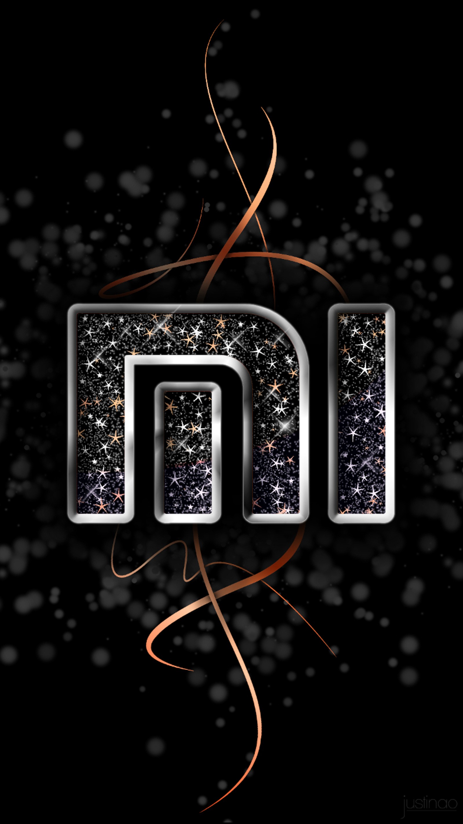 A close up of a metal and glittered logo on a black background (black, logo, mi, mi logo, orange)