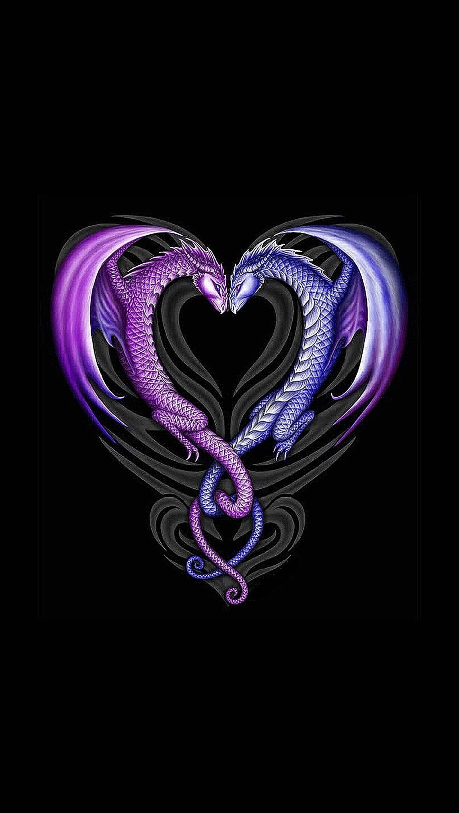 Two purple and blue dragon hearts on a black background (double, dragon)