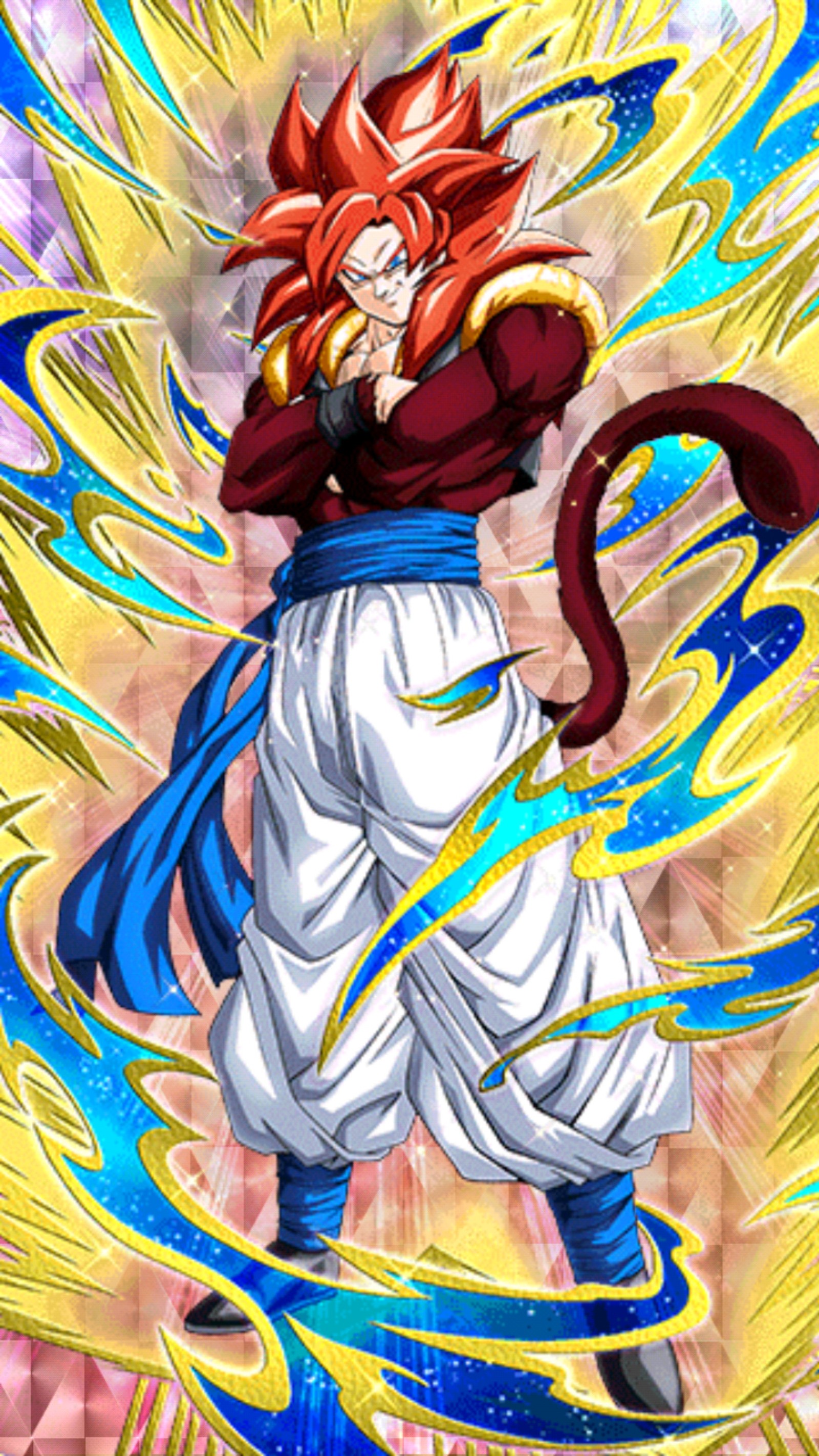 Un primer plano de un dragón con cabello rojo y pantalones azules (anime, dragon ball, lucha, gogeta)