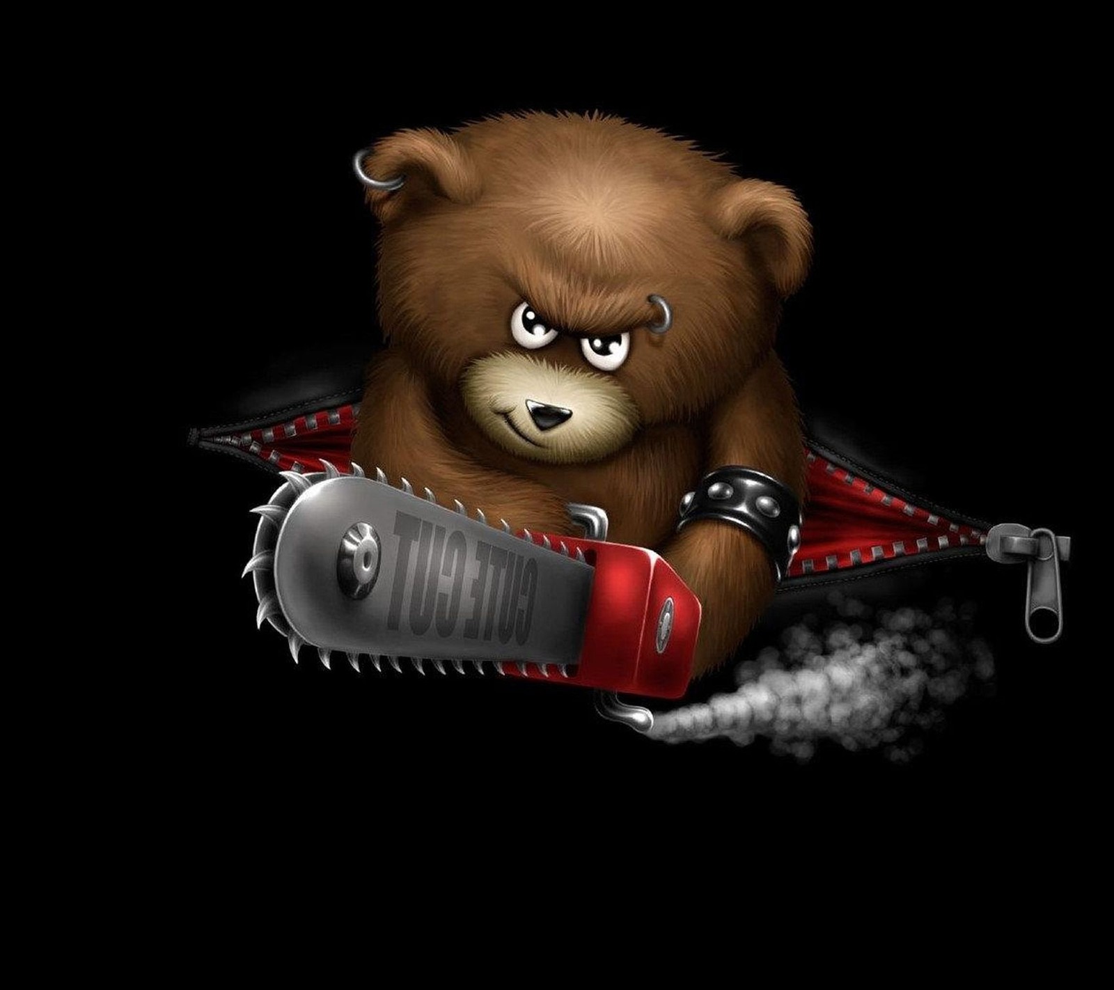 Un oso marrón que sostiene una patineta (malo, oso, motosierra, mal, divertido)