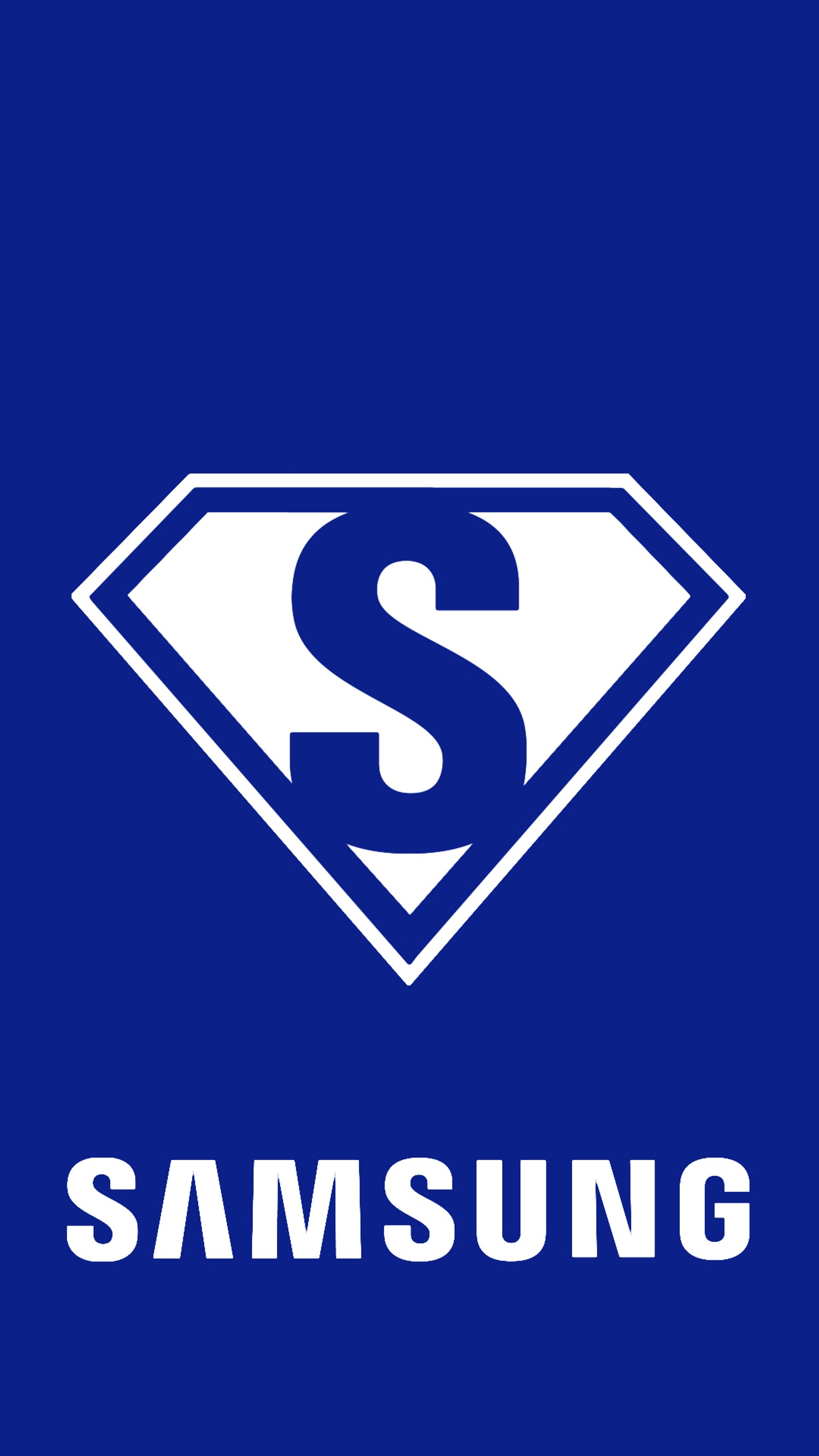 Gros plan d'un logo samsung avec un symbole superman (android, bleu, samsung, blanc)