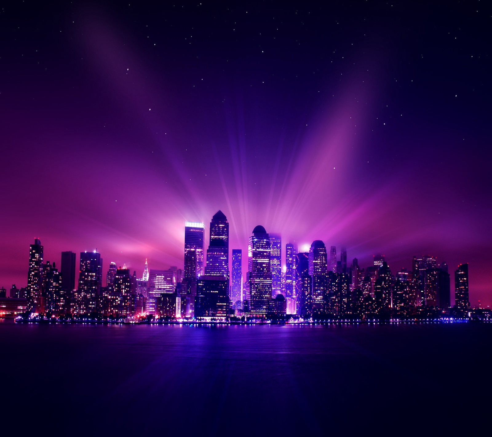 Purple city skyline at night with bright lights and stars (black, city)