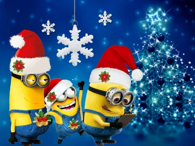 Minions joyeux célébrant Noël avec des chapeaux de Santa et un esprit de fête