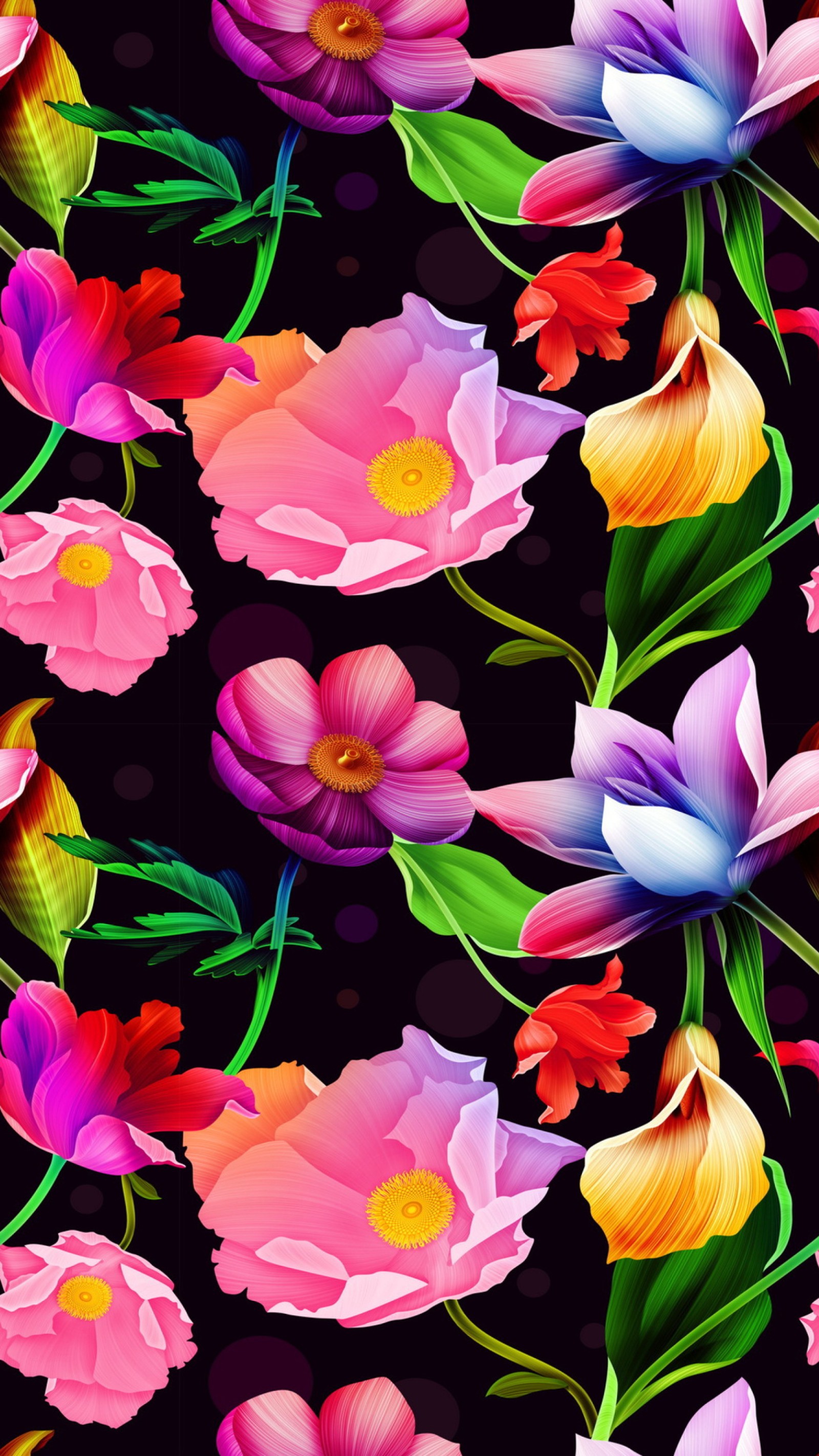 Seamless floral background with colorful flowers and leaves (abstract, colorful, flowers)