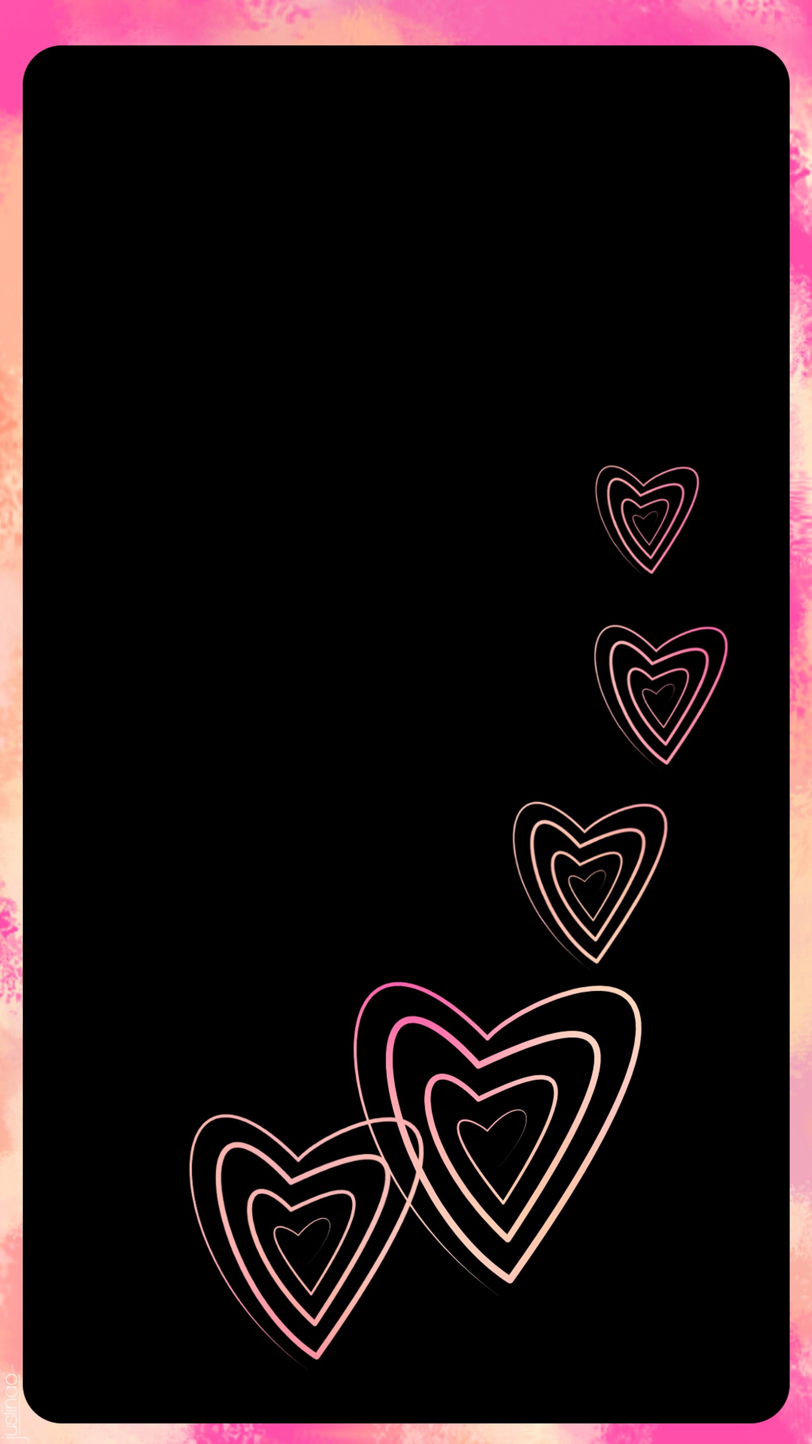 Un primer plano de un fondo negro con un borde rosa y una línea de corazones (corazón, amor, encantador, rosa)