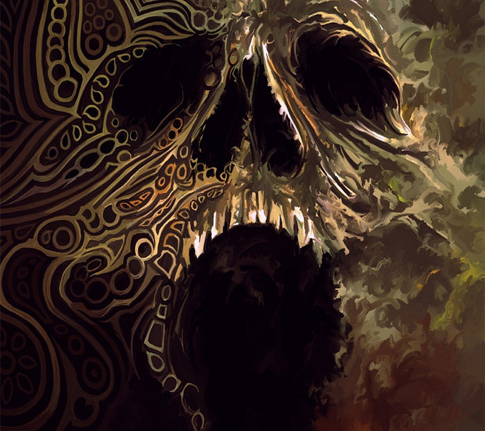 There is a painting of a skull with a large mouth (abstract, ghost, hd, skull)