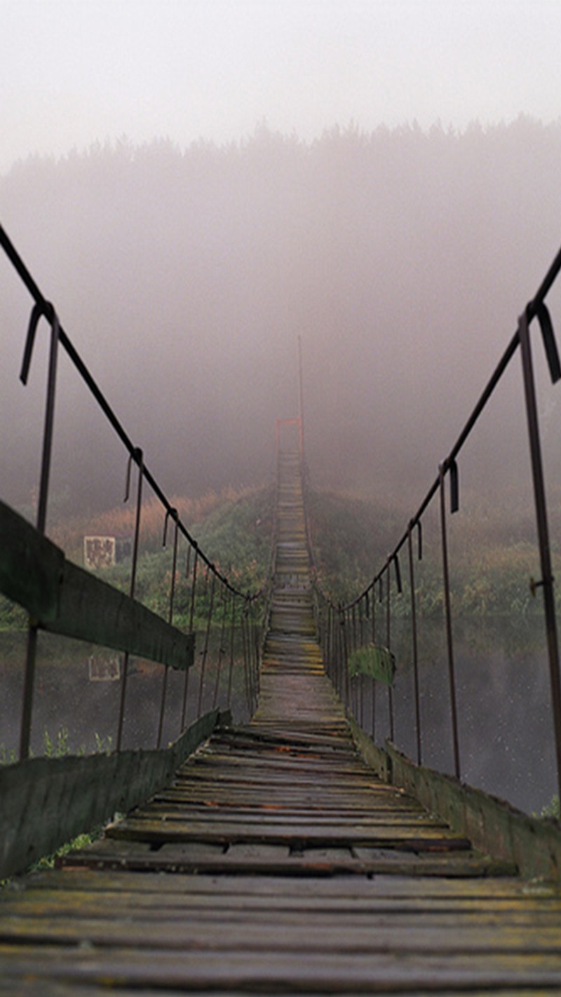 Un arc de pont au-dessus d'une rivière avec une forêt brumeuse en arrière-plan (long, chemin)