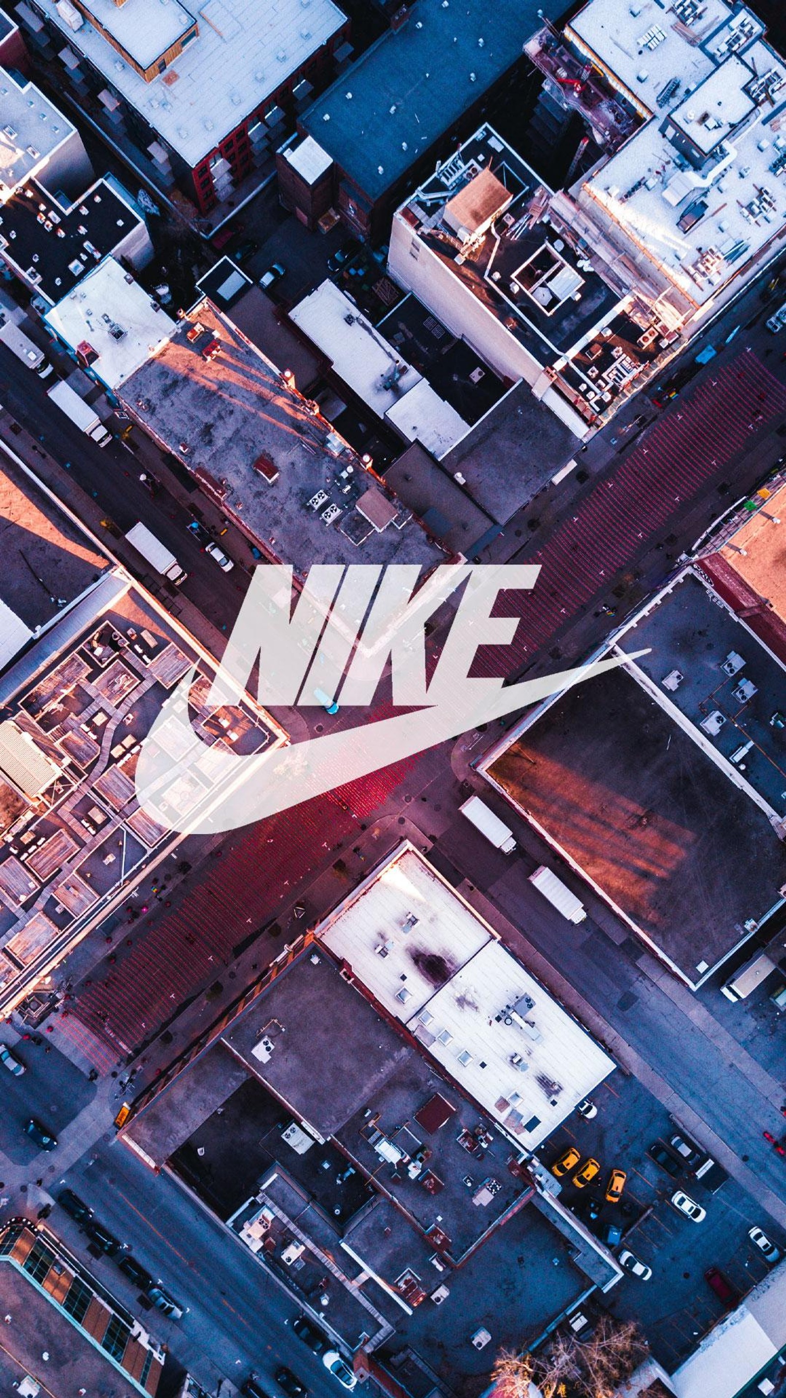 Logo nike sur une rue de la ville avec des bâtiments et des voitures (bape, marque, ville, génial, kanye)