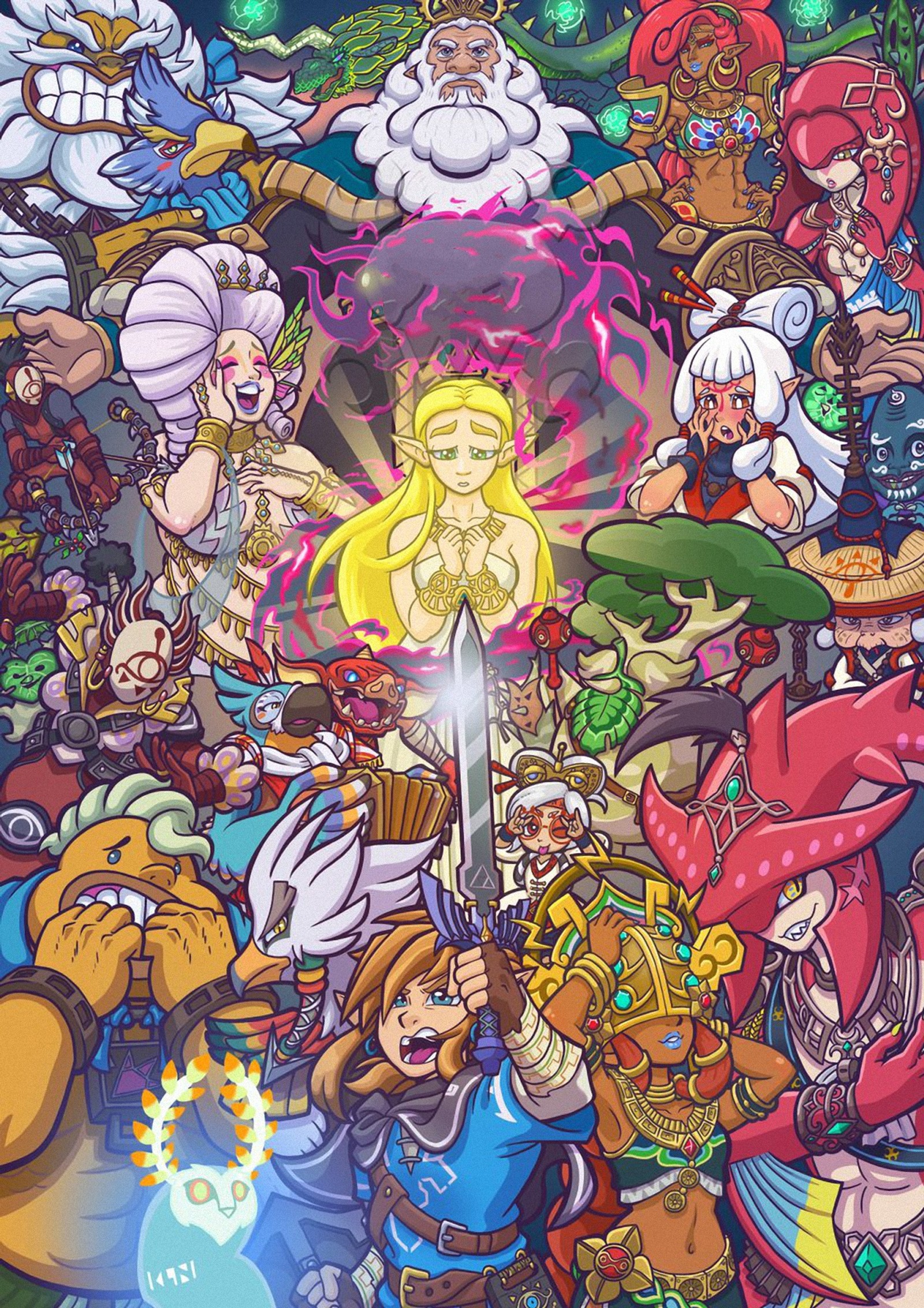 Un groupe de personnages de dessin animé rassemblés ensemble (souffle, goron, hyrule, légende, lien)