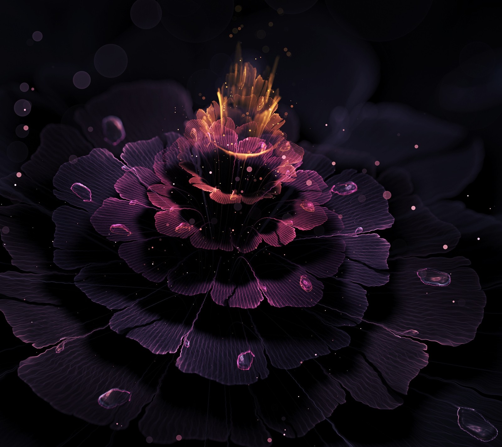 Purple flower with water droplets and a fire on top (dark, flower, fractal, pretty)