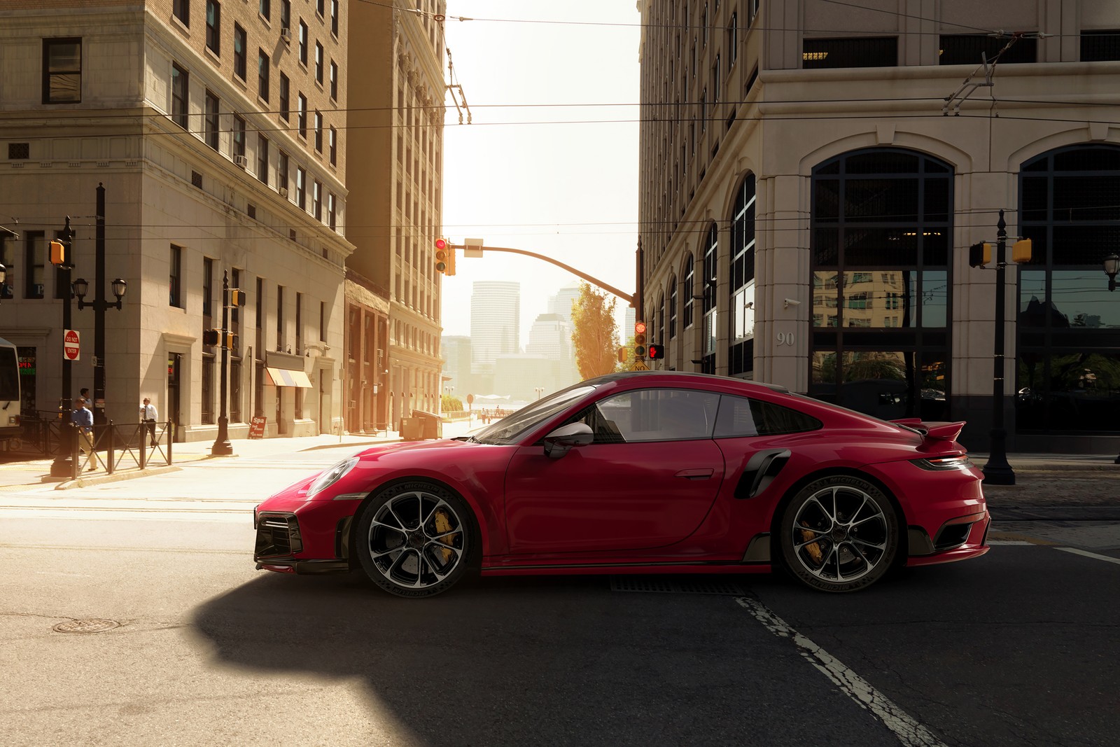 Coche deportivo rojo árabe conduciendo por una calle de la ciudad (techart, porsche 911 turbo s, 2021, coches, fondo de pantalla 4k)