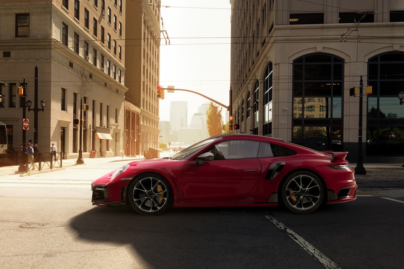 Арабский красный спортивный автомобиль, едущий по городской улице (techart, porsche 911 turbo s, 2021, машины, обои 4k)