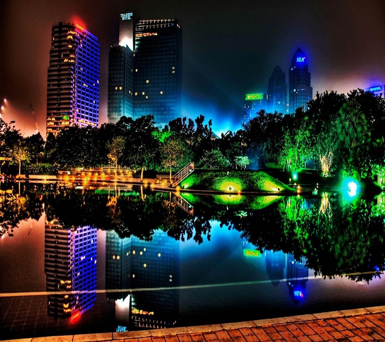 Vue nocturne d'une ville avec un lac et un pont (vue magnifique, ville, couleurs, néon, lumière néon)