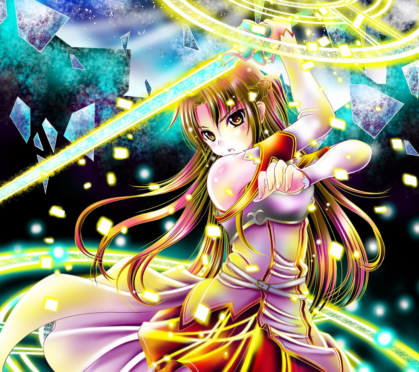 Anime girl with long hair and a sword in a space (anime, asuna yuuki, blonde, kirito, sword art online)