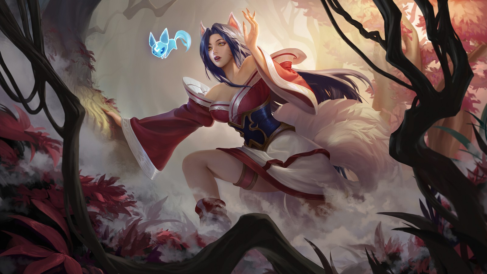 Une femme en robe rouge vole dans les airs (ahri, lol, league of legends, jeu vidéo, art)