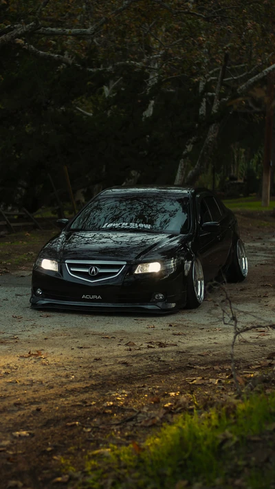 Acura preto elegante estacionado em uma estrada de cascalho, exibindo suas rodas de liga leve elegantes e seu perfil baixo em um ambiente natural e arborizado.