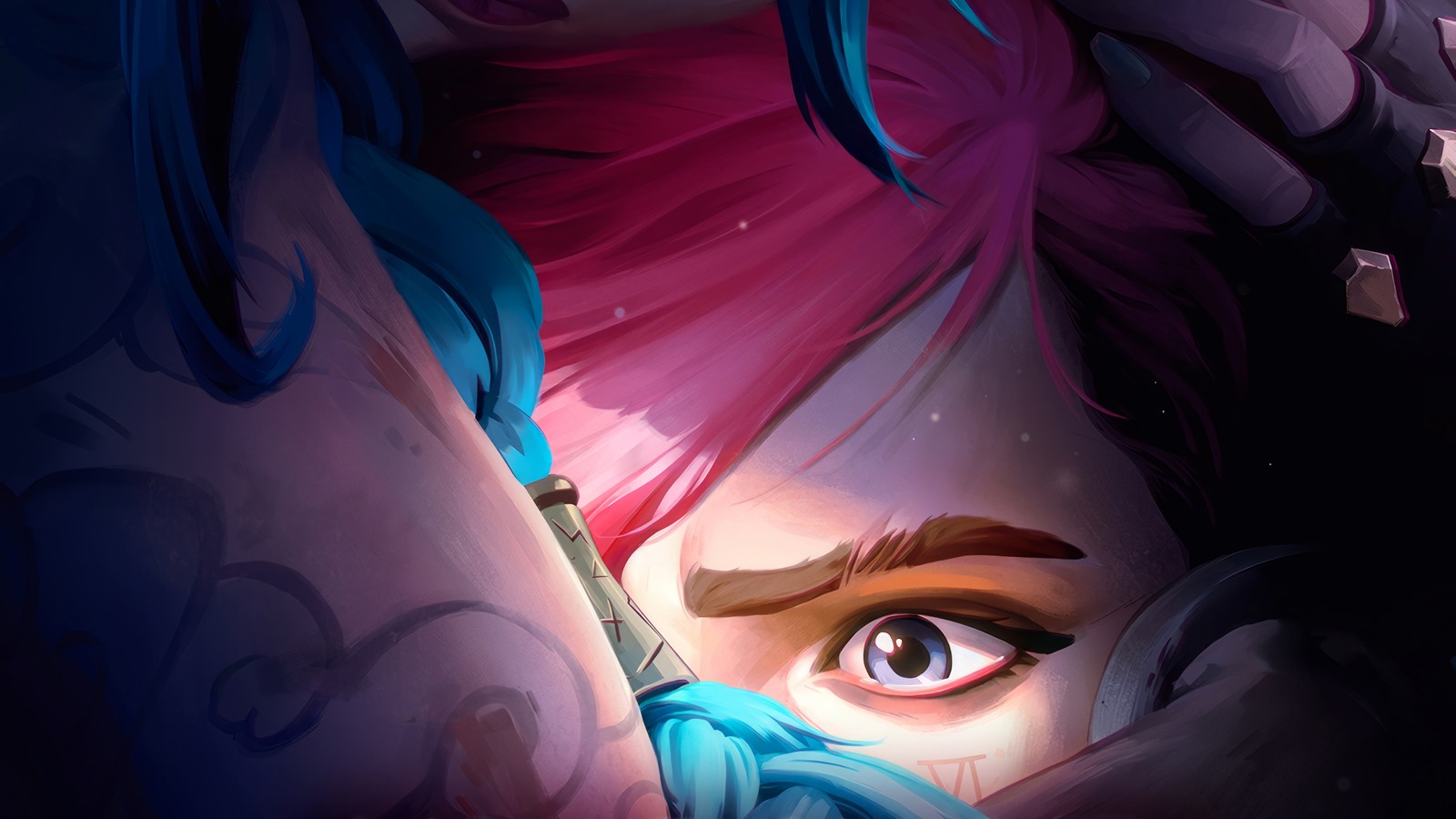 A close up of a person with a pink hair and a sword (arcane series, season 2, tv series, league of legends, vi)