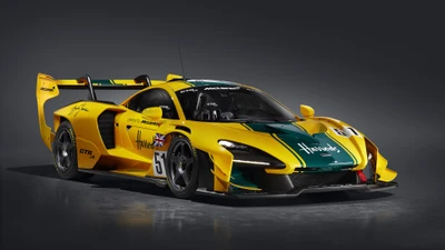 McLaren Senna GTR в яркой желто-зеленой расцветке, демонстрирующий аэродинамический дизайн и гоночное наследие на гладкой поверхности.