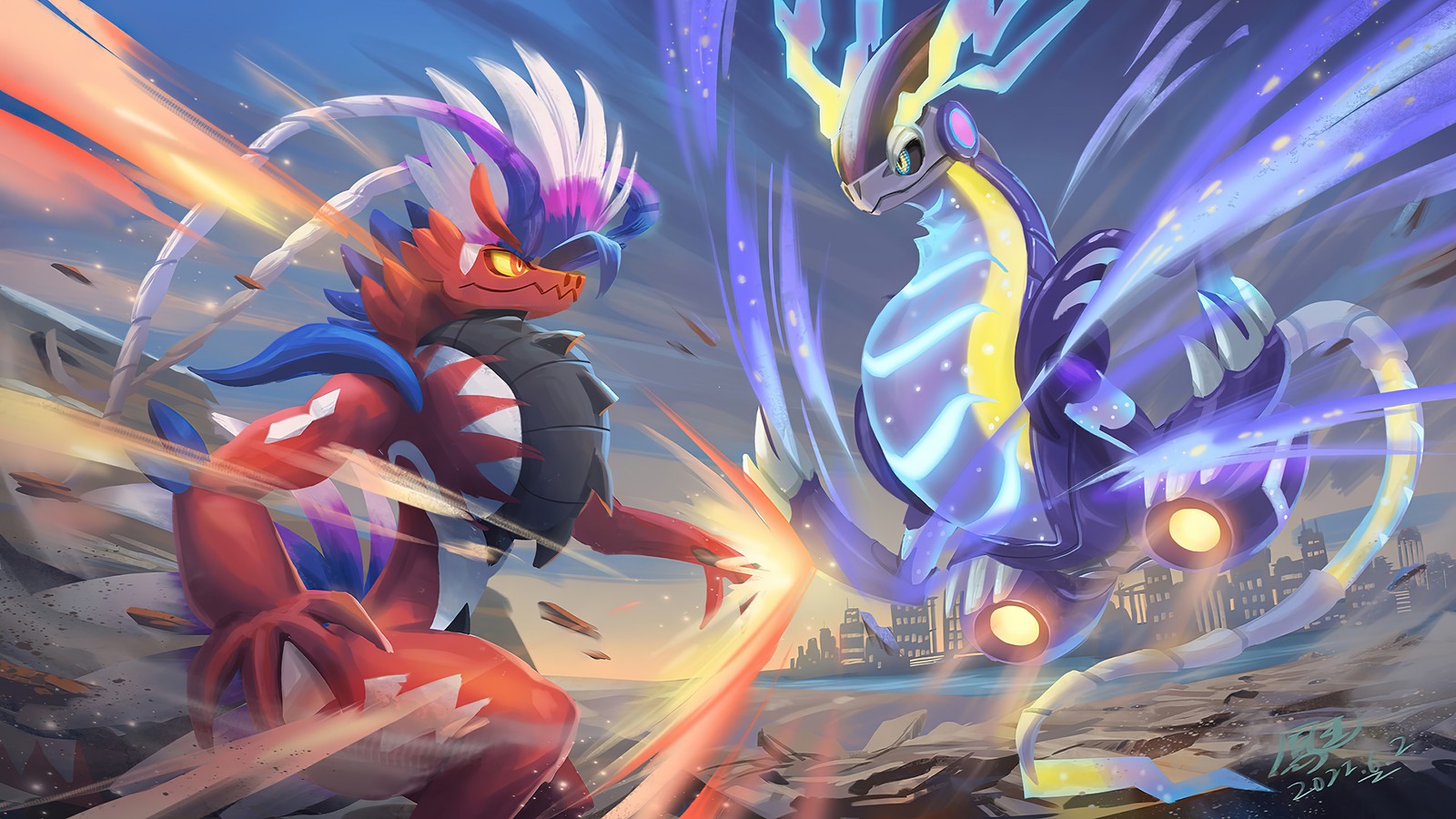 koraidon, miraidon, pokemon scarlet and violet, video game, pokemon wallpaper