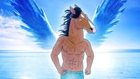 Bojack Horseman with Angel Wings Against a Serene Ocean Background