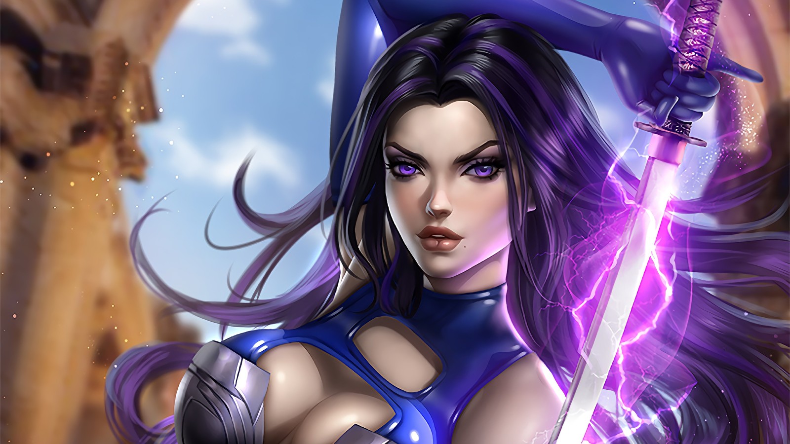 Eine frau mit einem schwert und lila haar in einem blauen outfit (psylocke, katana, schwert, marvel comics, x men)