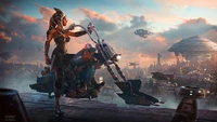 Ahsoka Tano on a speeder bike overlooking a futuristic cityscape in a Star Wars fantasy setting.