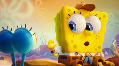 SpongeBob SquarePants in a colorful underwater scene from "The SpongeBob Movie: Sponge on the Run" (2020).