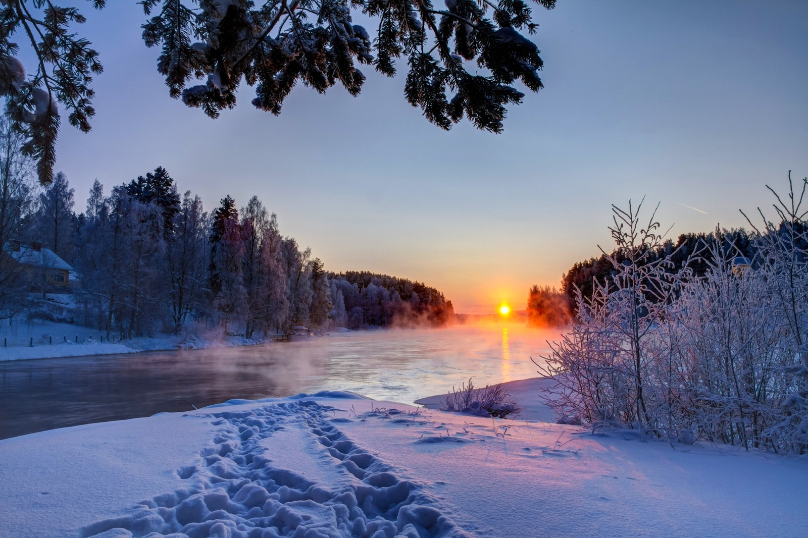 A view of a river with snow covered ground and trees (sunset, winter, snow, nature, freezing)