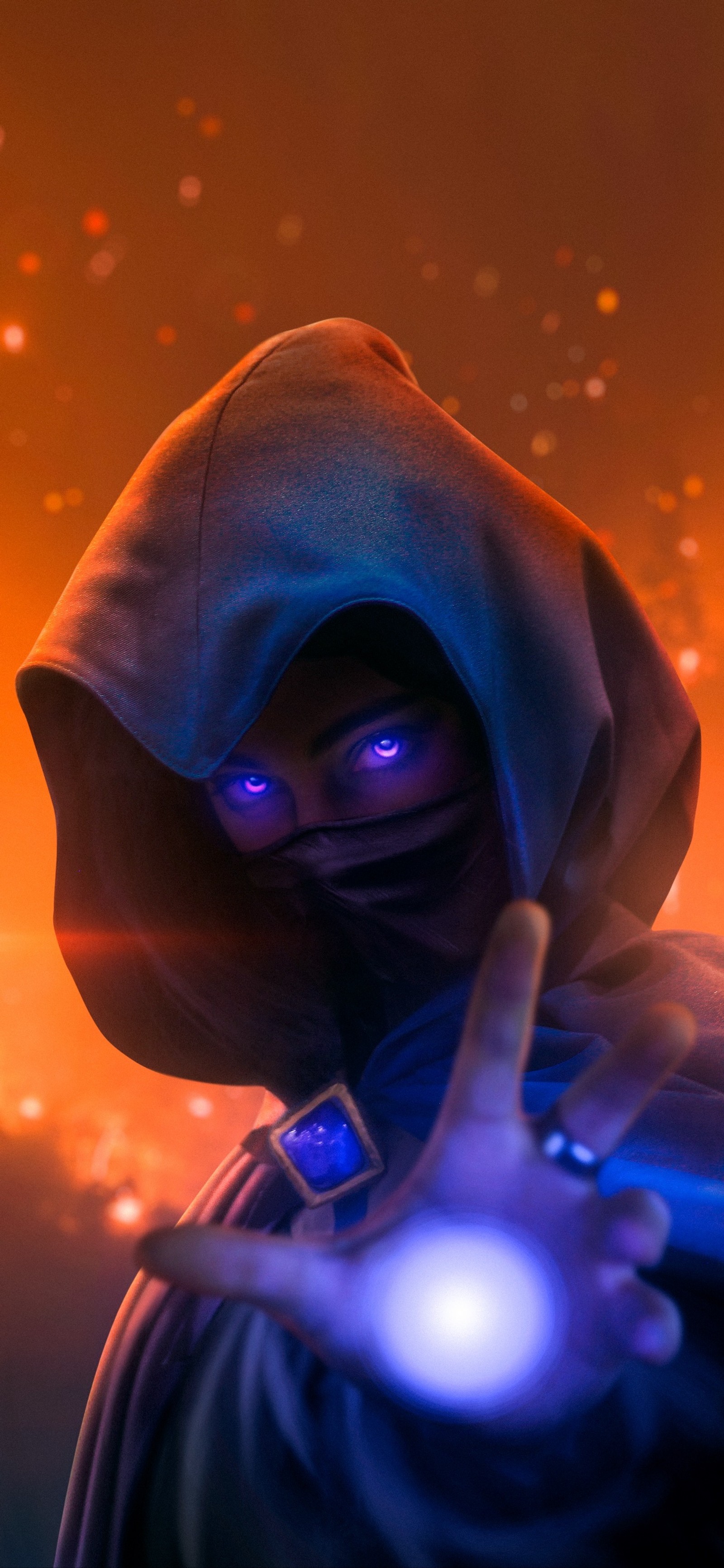 A close up of a person with a hood on holding a light (light, cobalt blue, blue, purple, violet)