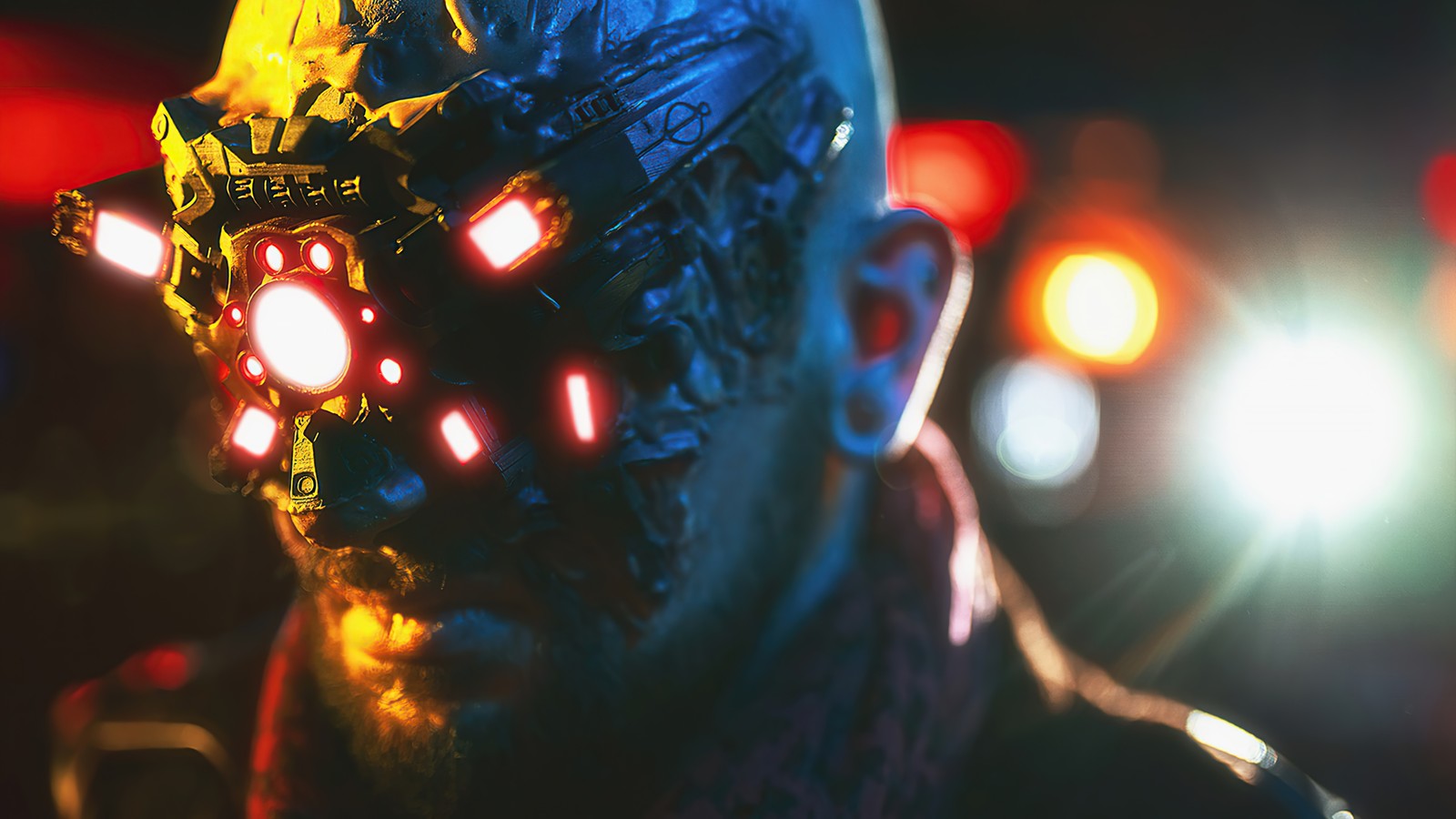 Um homem árabe com uma máscara brilhante e uma luz vermelha (cyberpunk 2077, jogo de vídeo, ficção científica, royce, cosplay)