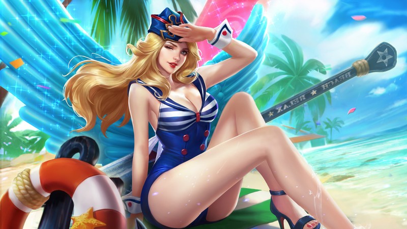 Женщина в морской форме, сидящая на пляже рядом с лодкой (фрейя, freya, mobile legends, видеоигра)