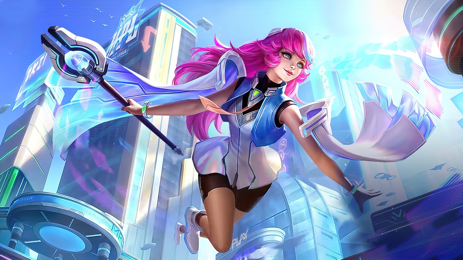 Une femme en jupe courte et cheveux roses tenant une épée (mathilda, groove de rêve, peau, mobile legends, bang bang)