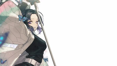 Shinobu Kocho brandissant son katana au milieu de papillons flottants, incarnant grâce et force de "Demon Slayer: Kimetsu no Yaiba.