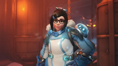 Mei from Overwatch 2 in her iconic winter gear, smiling confidently against a warm industrial backdrop.