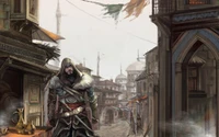 Ezio Auditore em um movimentado mercado histórico, incorporando o espírito da série Assassin's Creed.