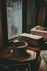 Naturaleza muerta acogedora: café árabe y libros junto a la ventana