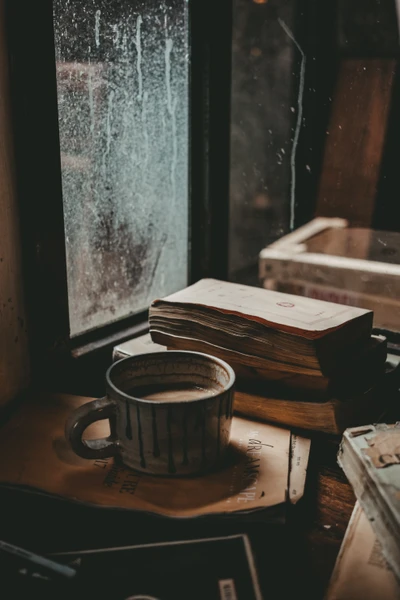 Natureza morta aconchegante: café árabe e livros na janela