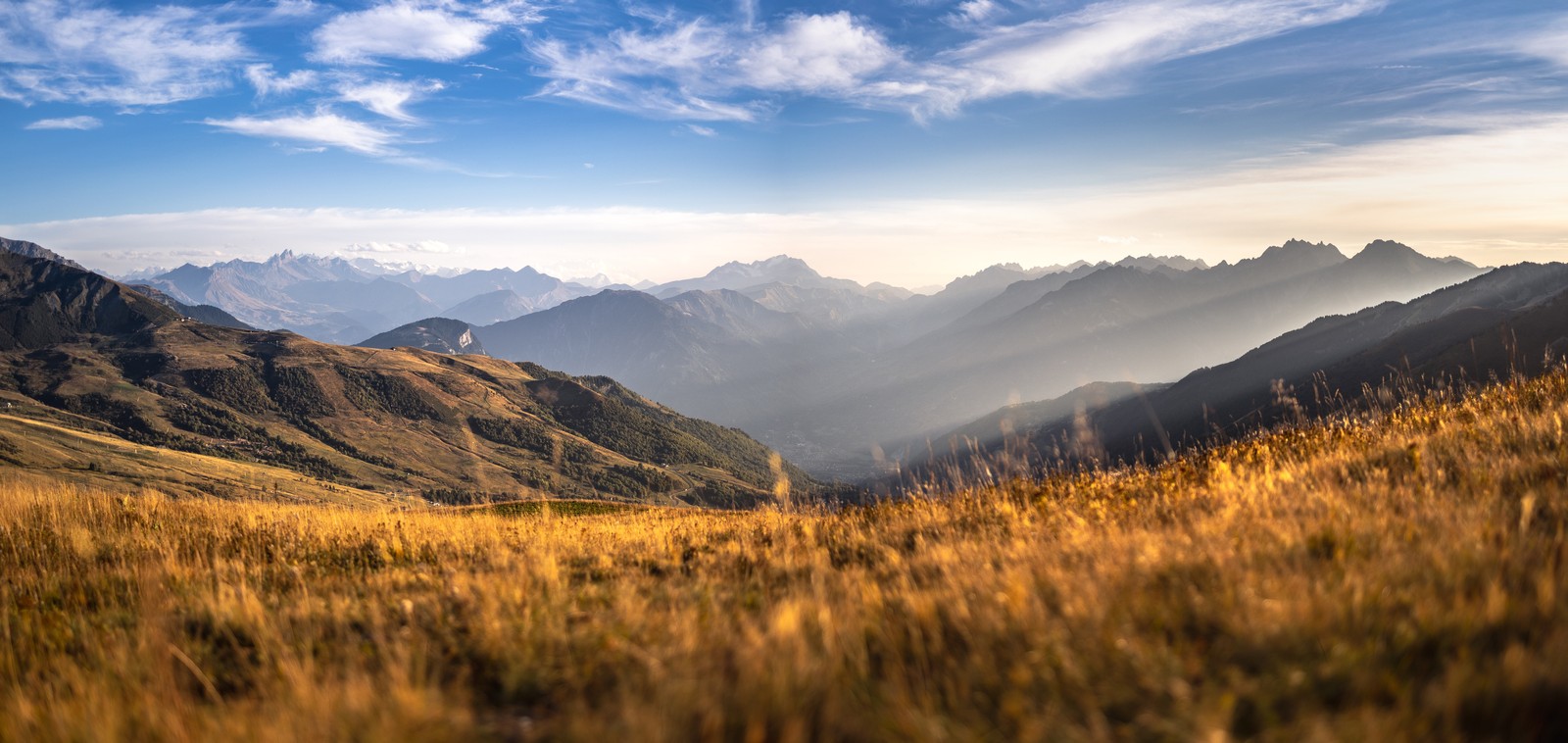 Um campo gramado com grama alta e montanhas ao fundo (alpes, nuvem, montanha, paisagem natural, planta)