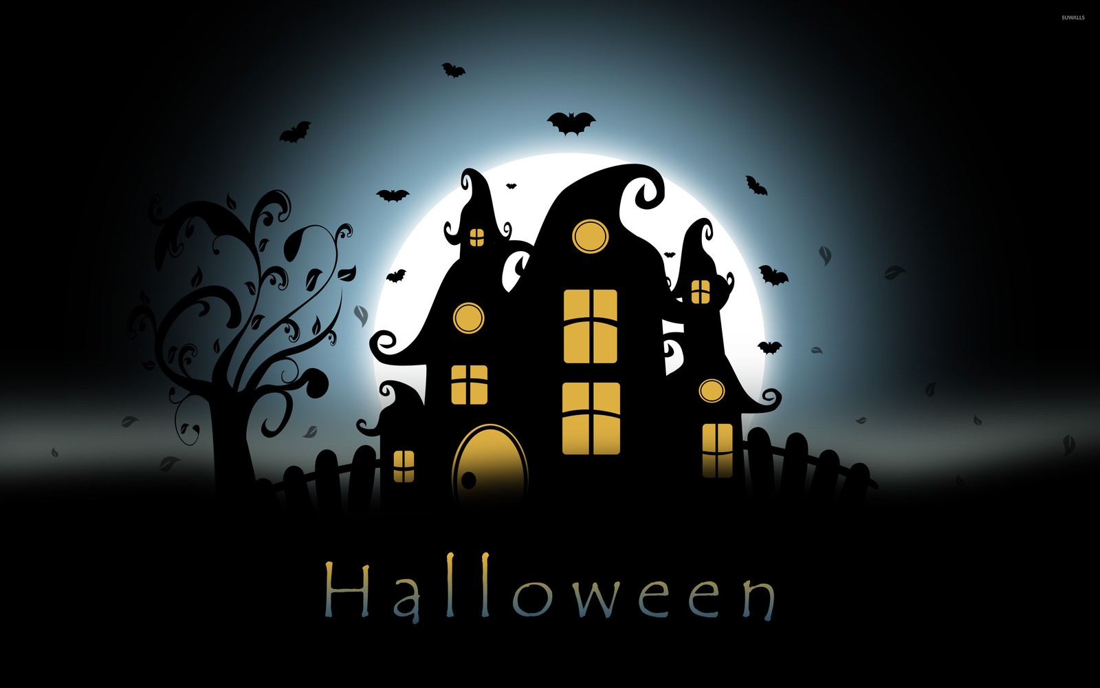 Um fundo escuro com uma casa e morcegos no céu (halloween, design gráfico, gráficos, escuridão, logotipo)