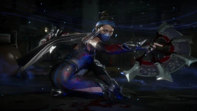 Китана в Mortal Kombat 11: Яростная боевое поза с веерами и эффектами крови