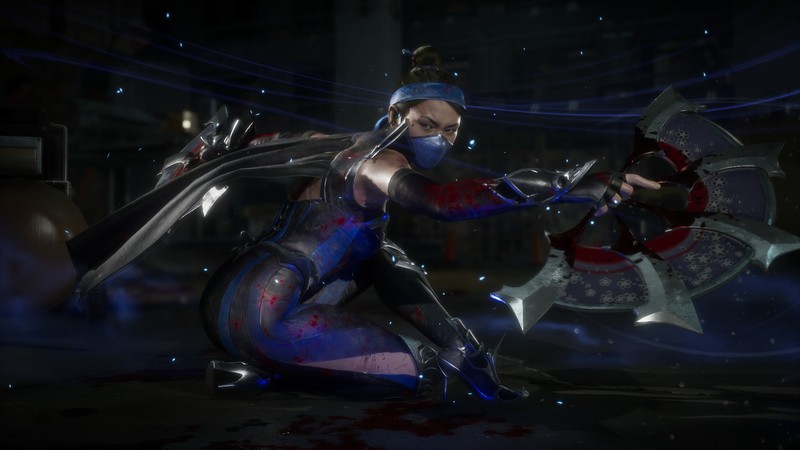 Женщина в доспехах сражается с мечом в темной комнате (китана, kitana, mortal kombat 11, видеоигра)