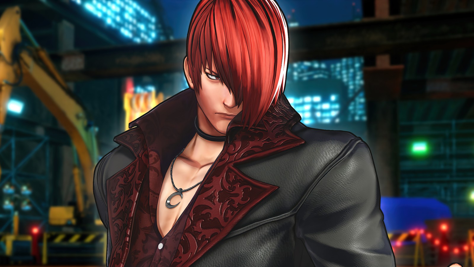 Un primer plano de una persona con cabello rojo y chaqueta negra (the king of fighters xv, kof 15, videojuego, iori yagami)