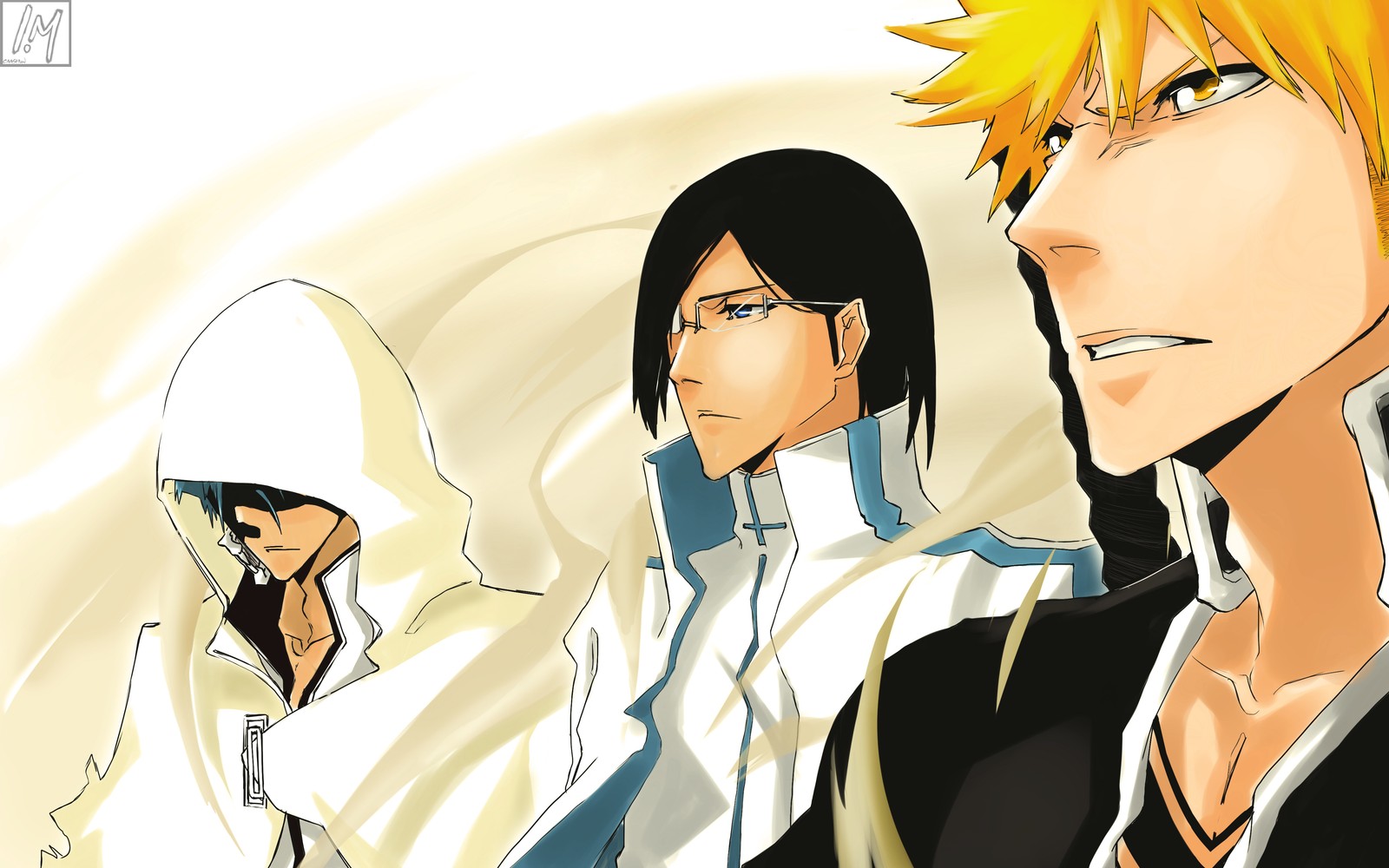 A close up of two anime characters with a white hoodie (ichigo kurosaki, bleach, rukia kuchiki, cartoon, anime)