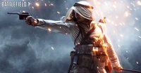 Scène d'action dynamique de Battlefield 1 mettant en scène un personnage fictif brandissant un pistolet au milieu d'un arrière-plan dramatique d'étincelles et de fumée, incarnant l'atmosphère intense d'un jeu de tir à la première personne.