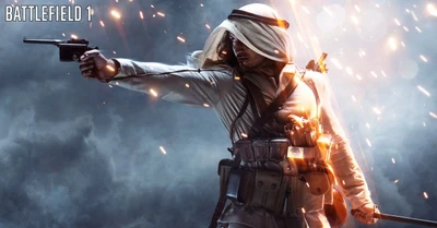 Dynamic action scene from Battlefield 1 featuring a fictional character wielding a pistol amidst a dramatic backdrop of sparks and smoke, embodying the intense atmosphere of a first-person shooter game.